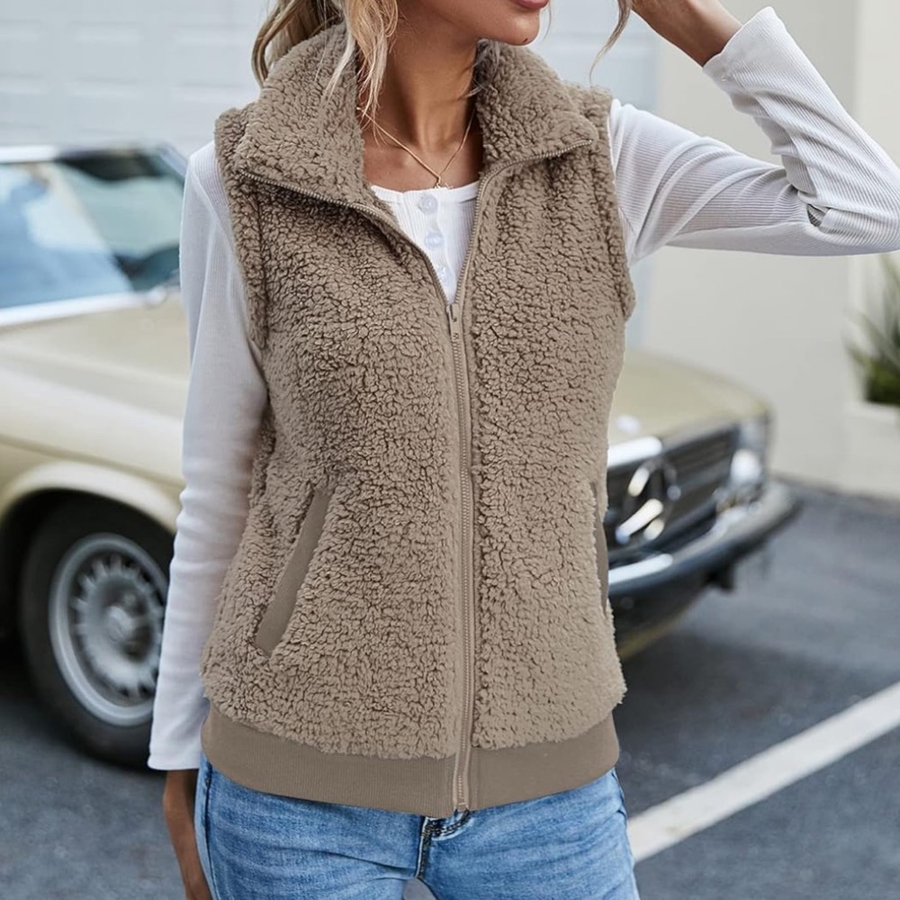 LOMON Womens Beige Fuzzy Fleece Vest